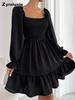 French Minimalist Square Collar Pleated Bodice Ruffles Hem Dress