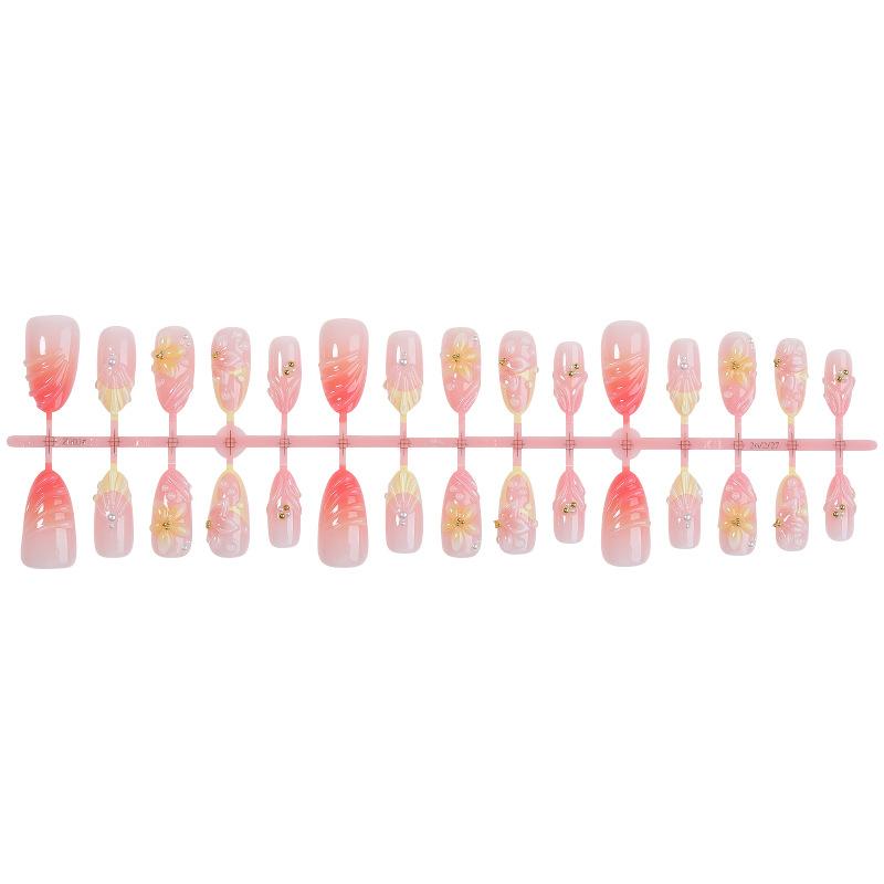 Cross-border hot-selling blush wearing nail piece 3D three-dimensional flower manicure fake nail short almond nail piece wholesale