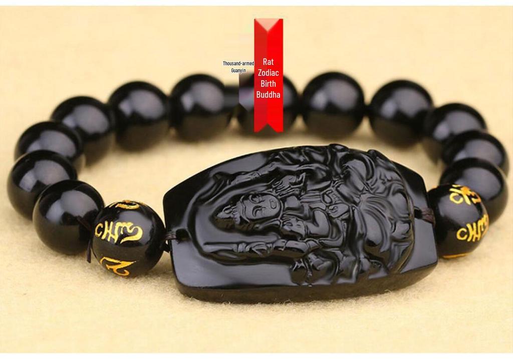 Obsidian Zodiac Guardian Buddha Bracelet for Couples – Guanyin & Eight Gods, Unisex