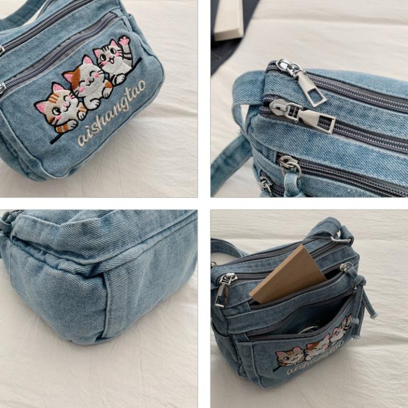 Borsa a tracolla gatto ricamato stile coreano carina Borsa a sacchetto in denim lavato per donne Styling quotidiano Casual Minimalista Borsa a spalla