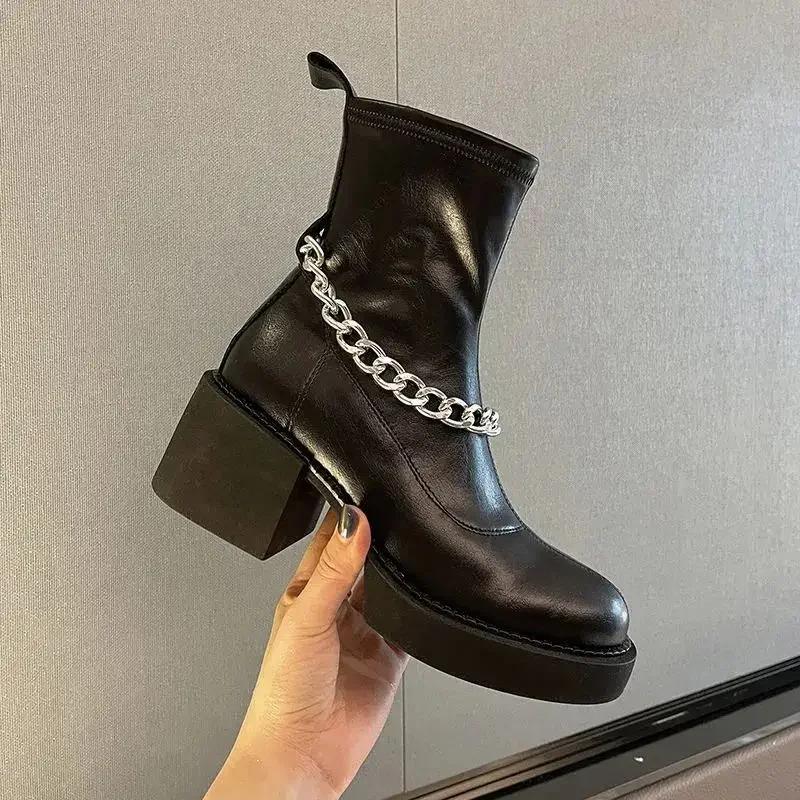 Fashion Ankle Boots for Women Black Round Toe Heeled Very High Heels Booties Sale Y2k Chic and Elegant Autumn Footwear Woman Short Shoes