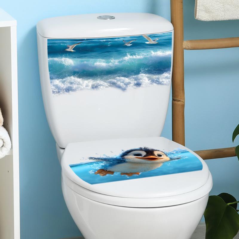 Cute Swimming Penguin Ocean Wave Toilet Lid & Tank Self Adhesive Sticker Waterproof Bathroom Decor Decal