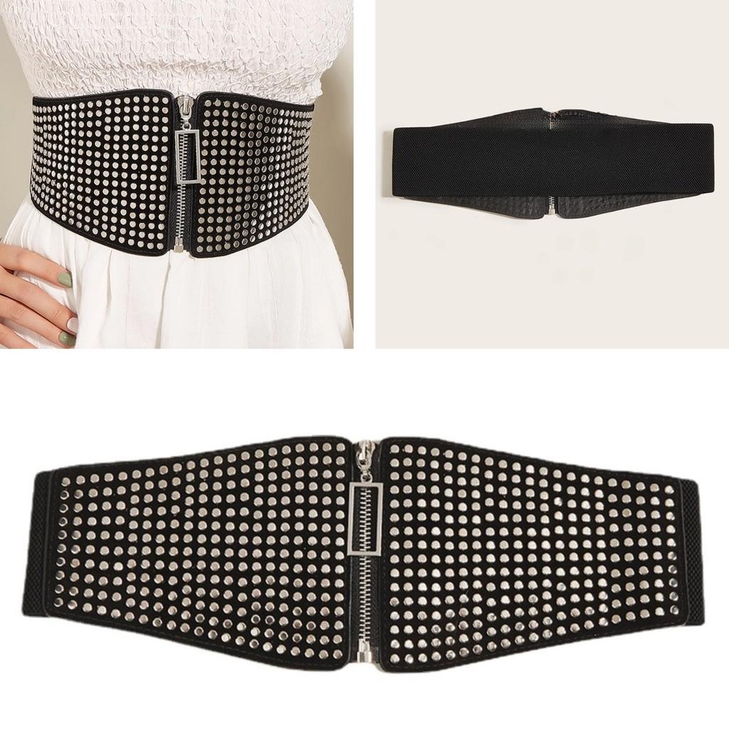 Small Multiple Flat Nail Zipper Waist Seal Waistband With Rivets Belt Black