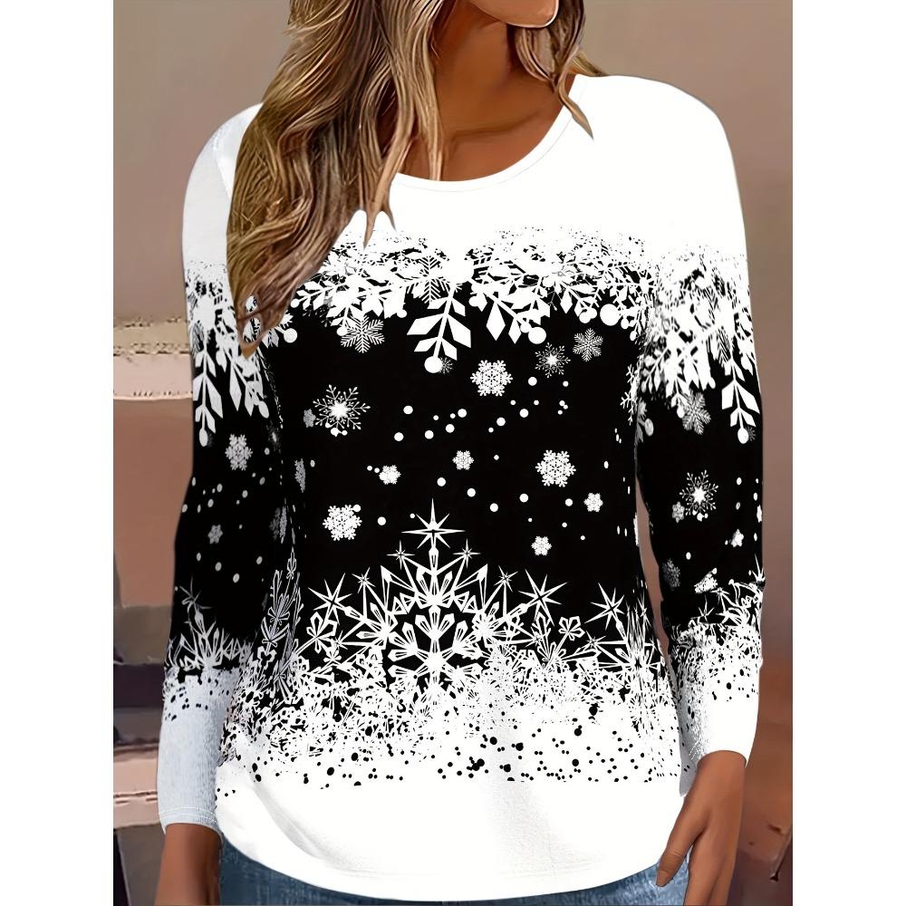 3D Printed Christmas Theme O-Neck Red Long Sleeve T-Shirts Fashion Womens Clothing