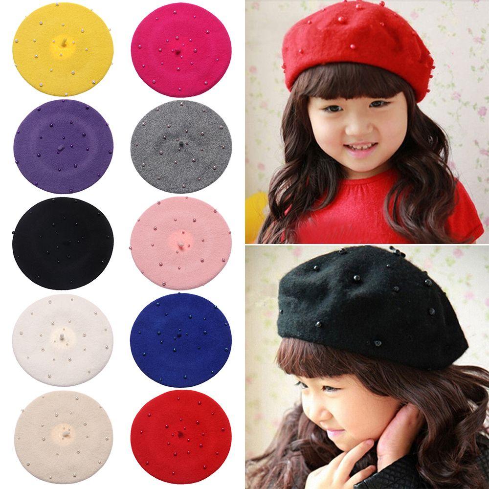 Elegant Autumn Winter Pearly Headgear Beret Hat Children Caps Girls Hats