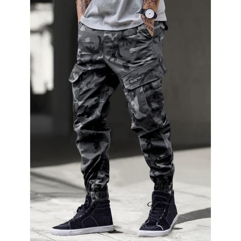 High Street Camouflage Overalls Men s Multi-Pocket Tights Small Foot Casual Pants S серый