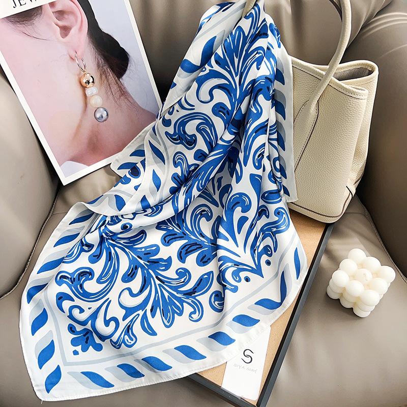 Summer thin simulated silk printing small square scarf women's neck protection decorative scarf headscarf light luxury high-end waist silk scarf