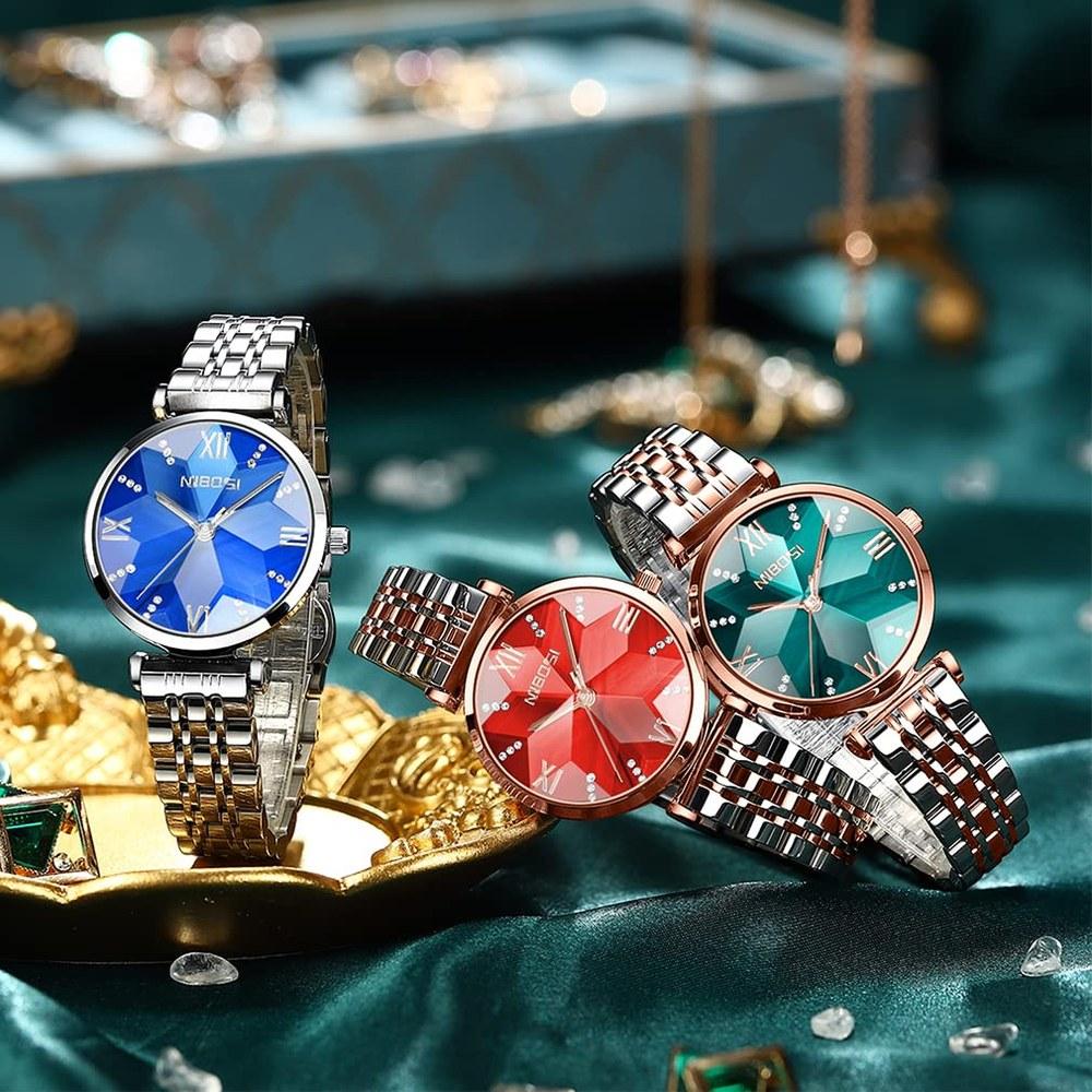 NIBOSI Ladies' Waterproof Analog Quartz Wristwatch Stainless Steel Green Casual Business Gift for Women