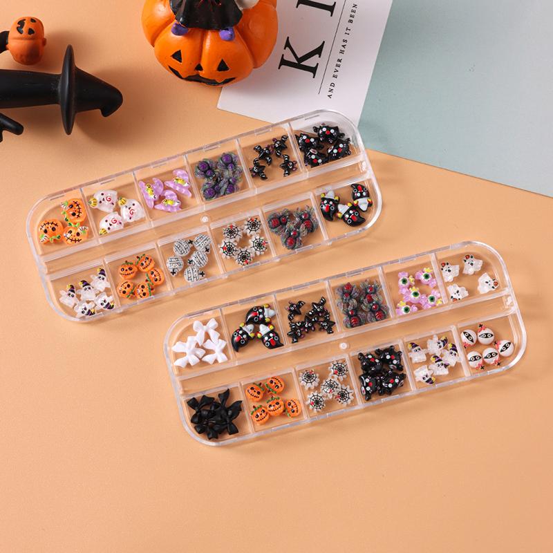 12 Grids Cute Spooky Ghost Pumpkin Nail Art Decorations Spider Bat Halloween Gothic Design Nail Art Jewelry Manicure Accessories