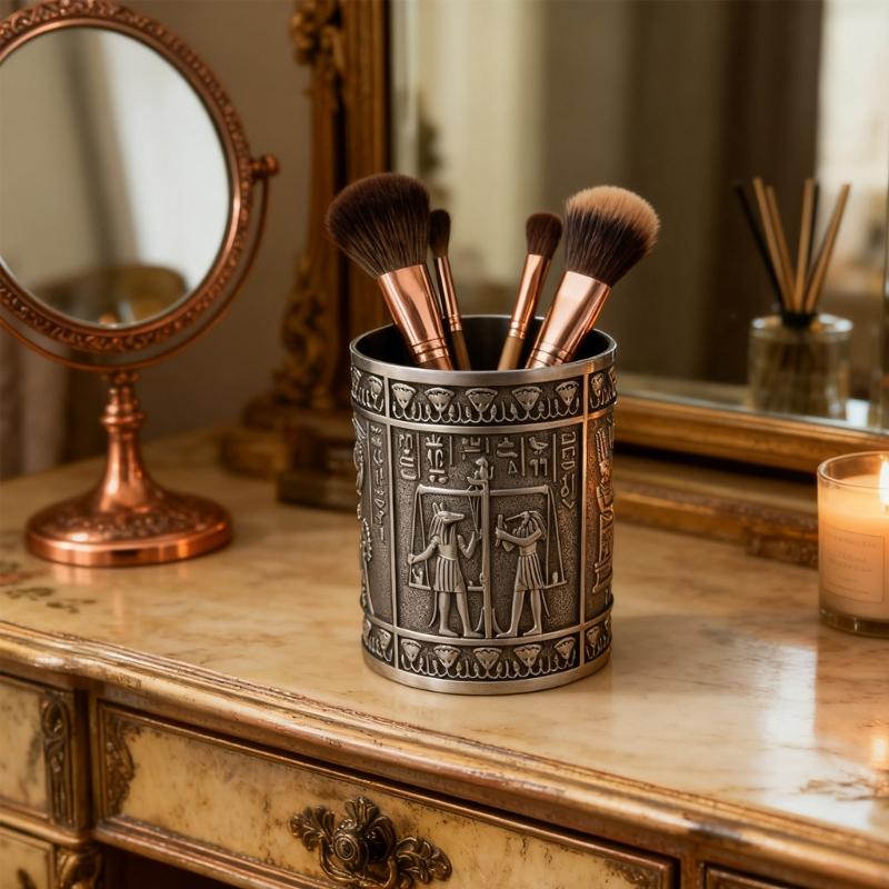 Retro Egyptian Embossed Pen Stand Cylinder Shape Alloy Pen Cup Desktop Organiser Storage Box for Office Desk Decoration
