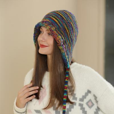 Regenbogenfarbener Wollhut für Damen mit Wintergesicht Kleine Tasche Kopfhut Nationaler Stil Wärme Lei Feng Strickmütze