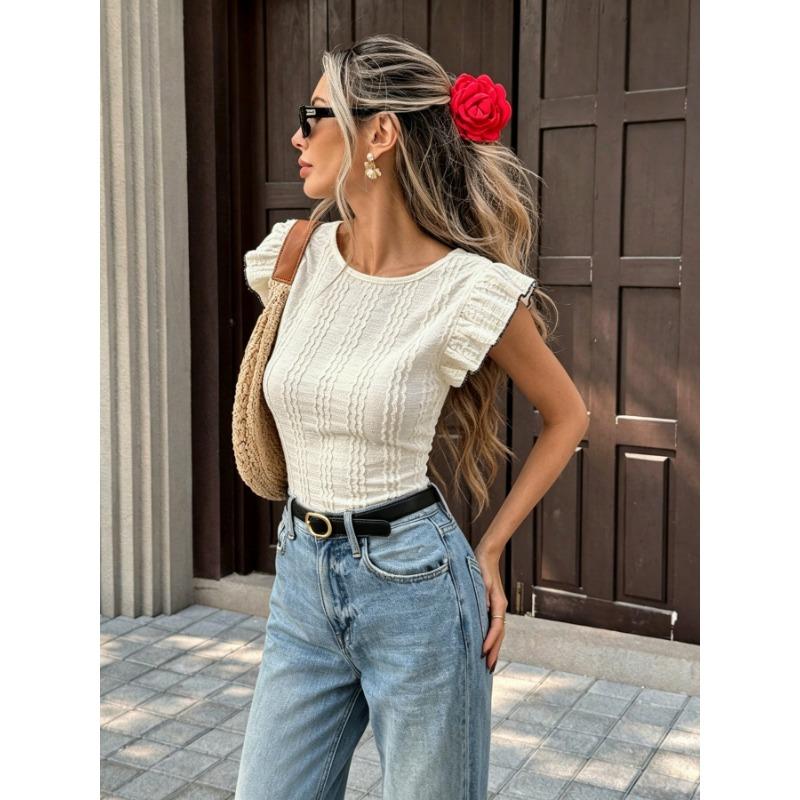 Women Casual Textured Backless Bow Tie Flying Sleeve Knit Short Sleeve T Shirt