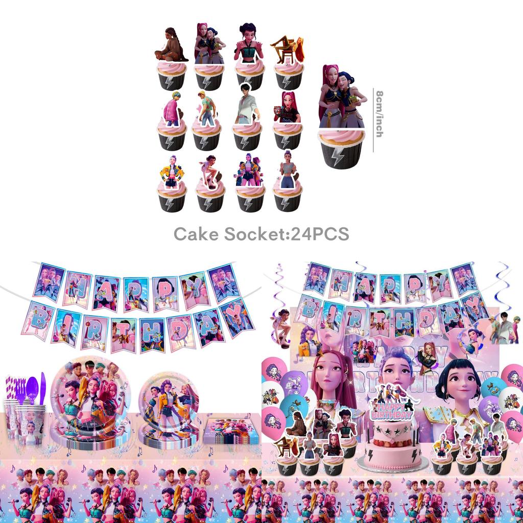 K Pop Demon Hunters Party Paper Plates Cups Napkins Set With Balloons For Birthday Celebration