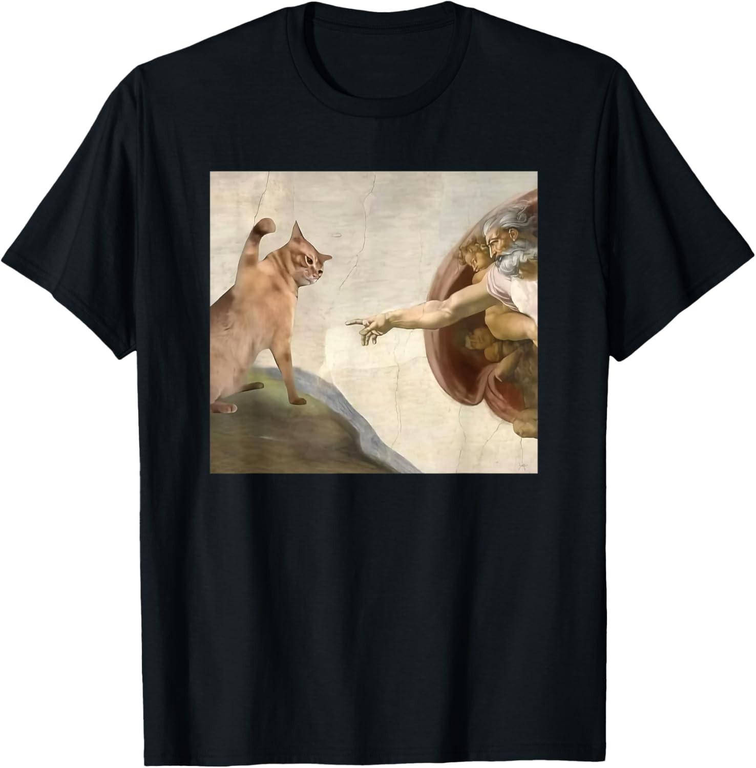Funny Cat God Creation of Adam meme Jesus T-Shirt Mens Womens Tees Top 3XL
