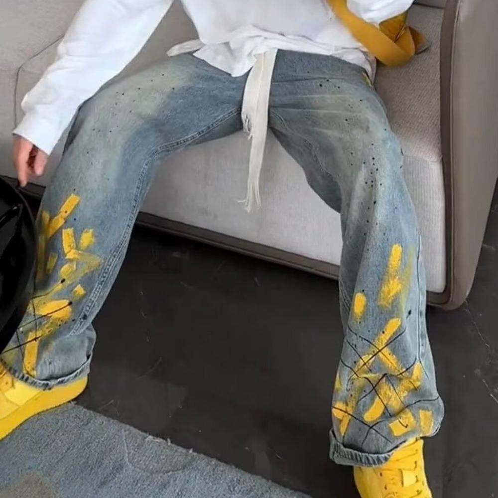 New Washed Jeans for Autumn and Winter Men Hand-painted Inkjet Print Fashionable and Versatile Old Casual Straight Pants