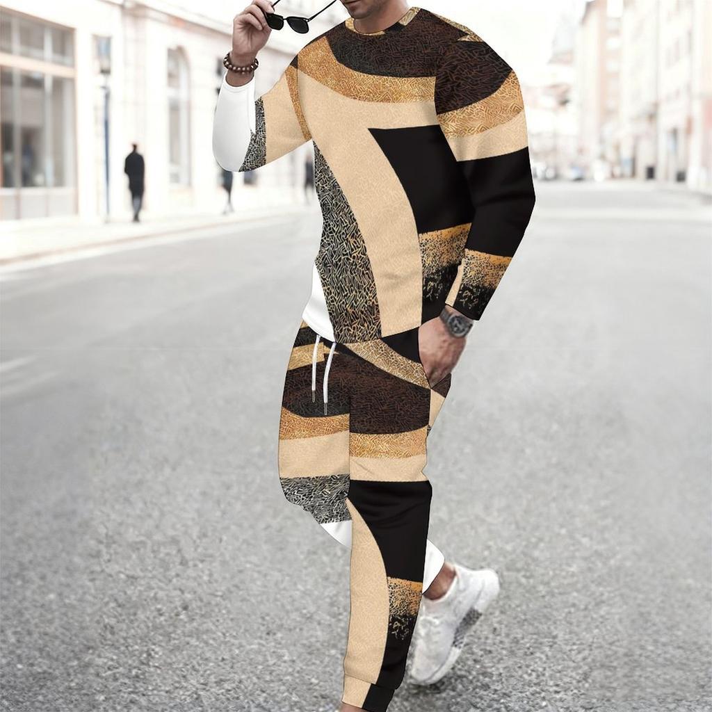 Men Black Blue Bohemian Mandala Partial Print Long Sleeve Sweatshirt Jogger Pants Two Piece Suit