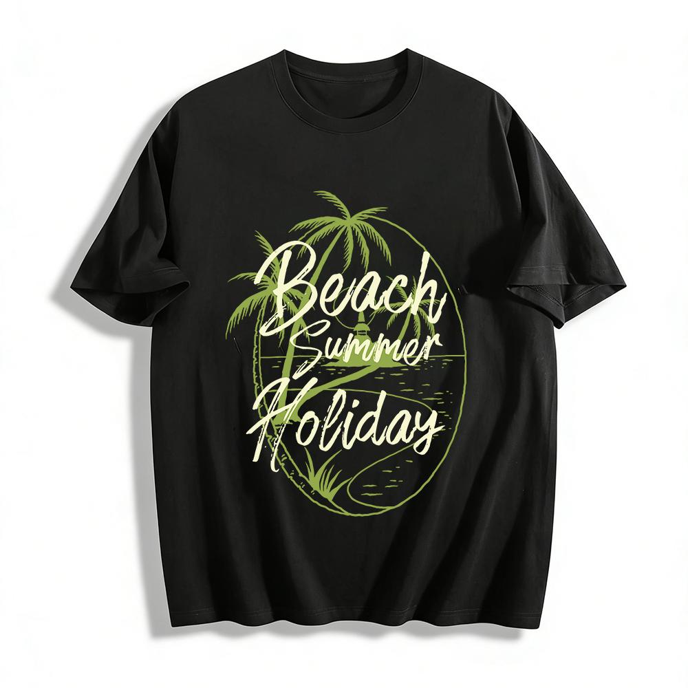 Summer Beach Holiday Coconut Tree Print Casual Short Sleeve T-Shirt Pure cotton T-shirt