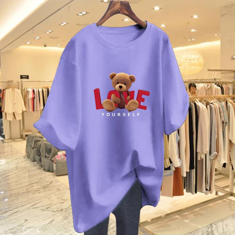 Women's Summer Bear Print Cotton T-Shirt - Korean Style, Loose Fit, Short Sleeve