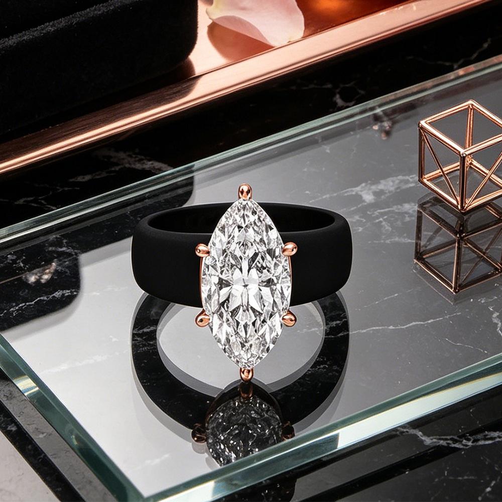 Black Silicone CZ Ring for Women, Marquise Cut Cubic Zirconia with Rose Gold Prongs, Daily Wear Casual Fashion Jewelry Gift