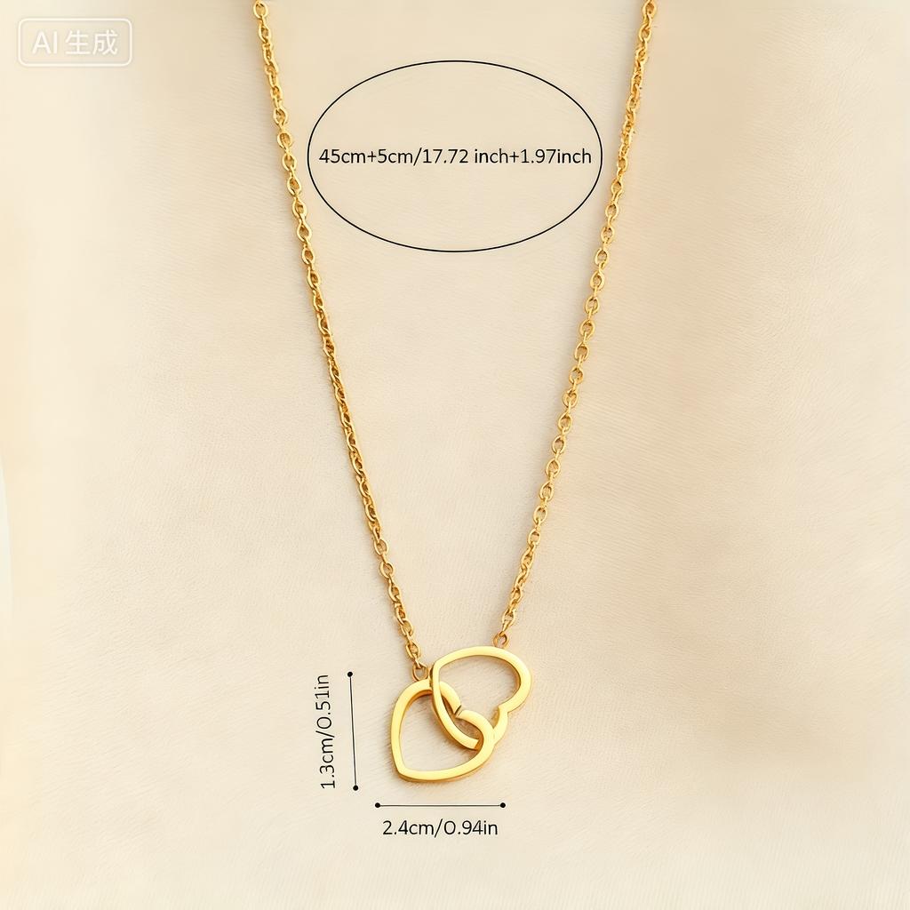 Golden Double Ring Heart Necklace Easy Elegant for Casual Wear Party Fashionable Women Jewelry Gift