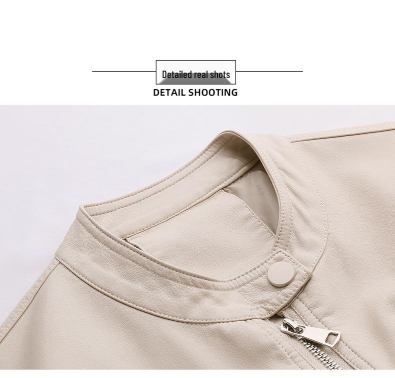 Women's Stand Collar Leather Jacket - Spring 2025 Collection, Small Size, High-End Versatile Design (Z88975)