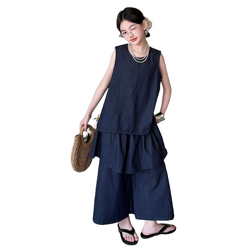 Girls' Korean Denim Sleeveless Summer Outfit with Wide-Leg Pants