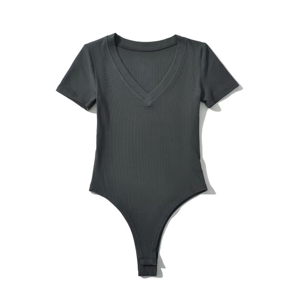 Trendy Women's V-Neck Short-Sleeve Open Crotch Bodysuit Jumpsuit