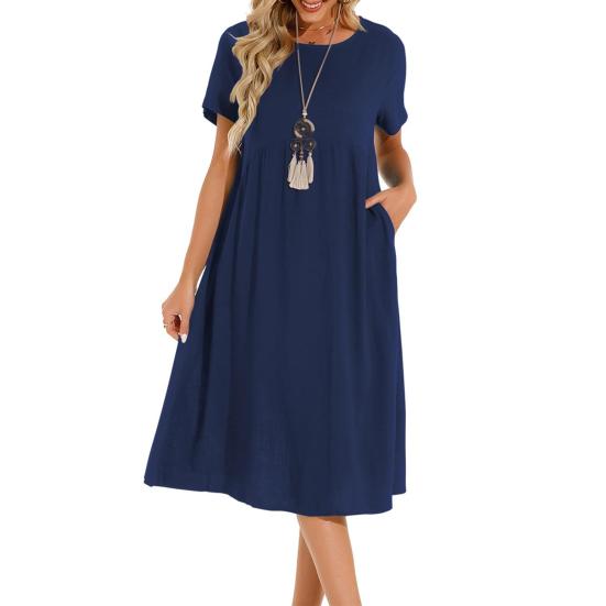 Dámské šaty Kulatý výstřih Krátký rukáv Ke kolenům Jednobarevné šaty s kapsami Volný střih Letní šaty