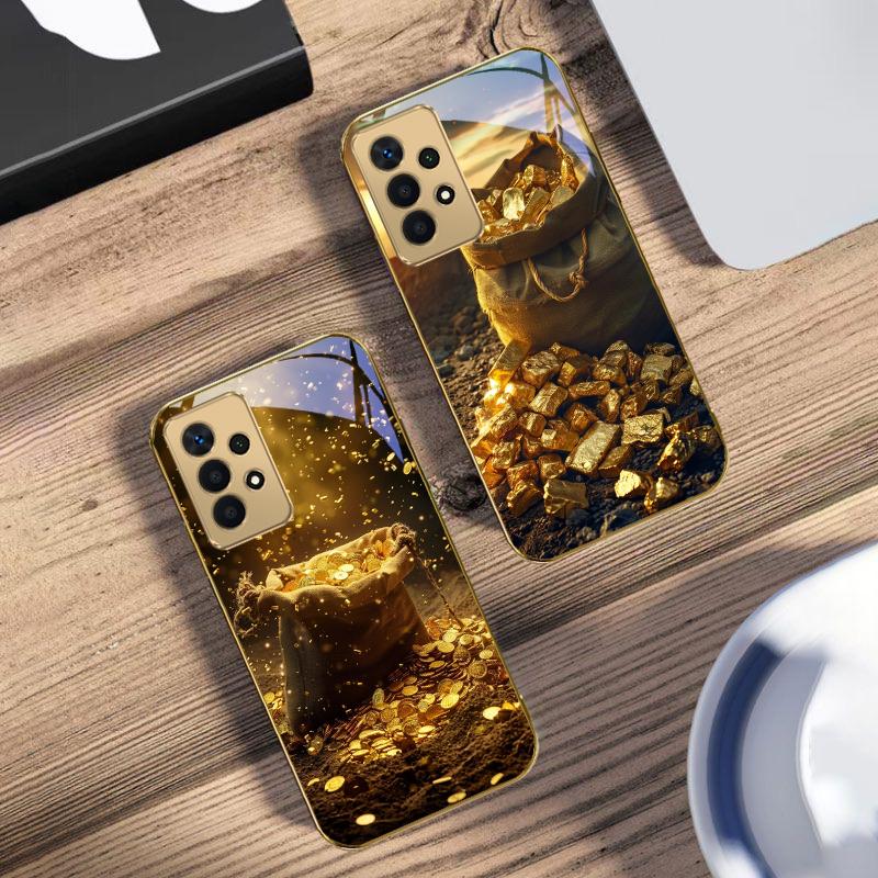 Dark burlap money bag For Samsung A73 A72 A71 A42 A56 A55 A54 A53 A52s A52 A51 A36 A35 A34 A33 A32 A16 Golden glass phone case