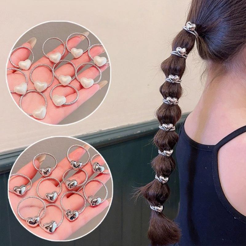 10pcs Suitable Girls Baby Ponytail Holders High Elasticity Durable Hair Silver White Heart Shaped Rubber Bands