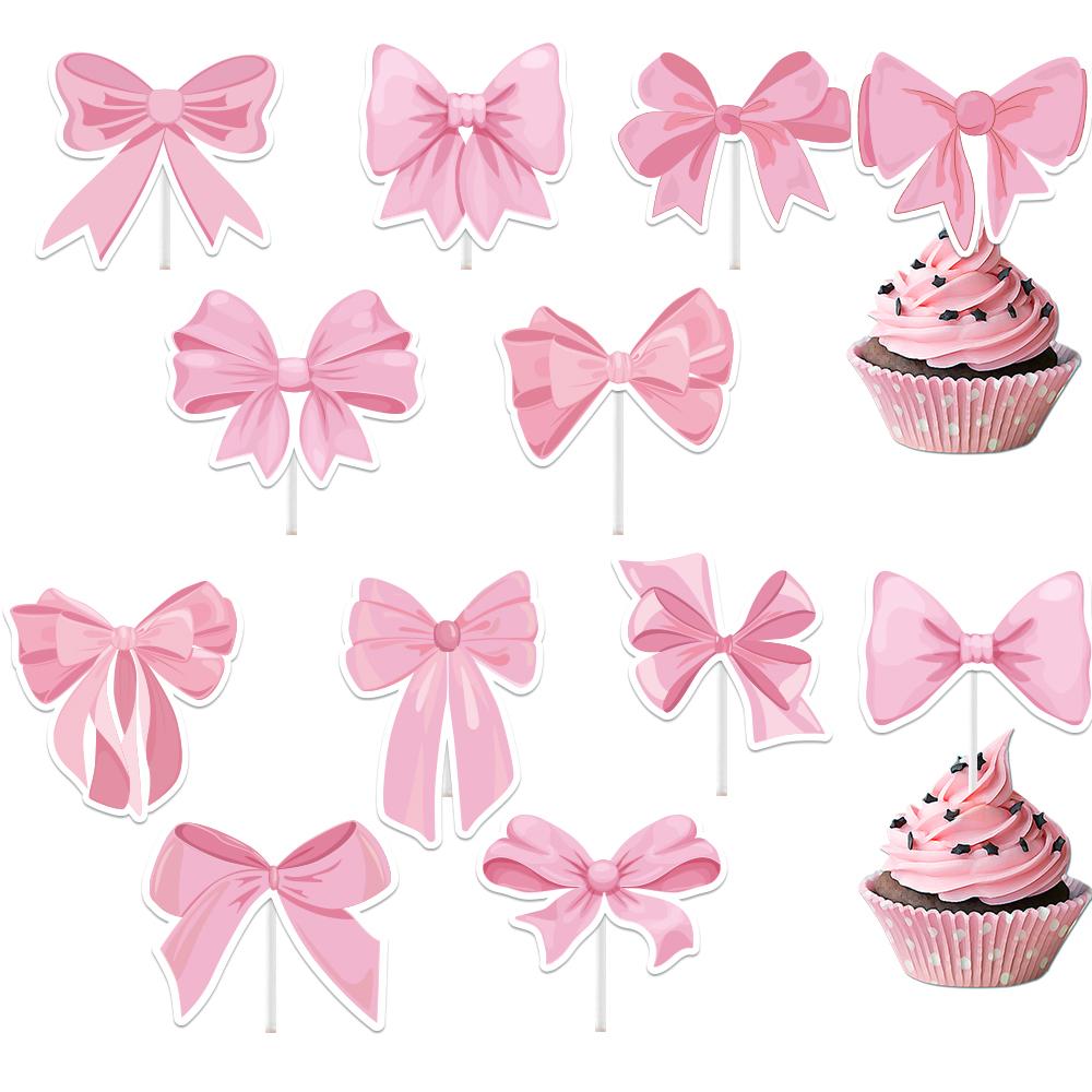 12/24pcs Pink Bowknot Cupcake Toppers Bow Tie Cake Inserts Birthday Party Wedding Party baby shower Cake Decoration Supplies