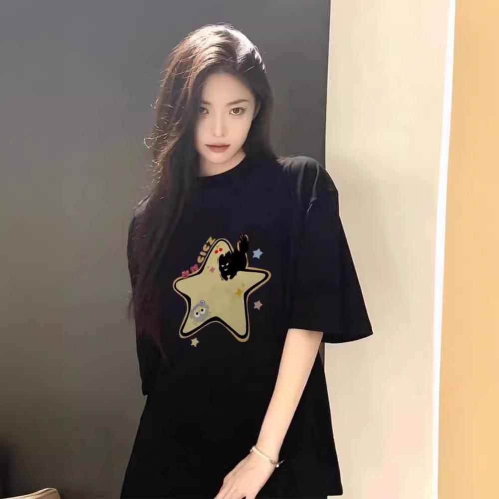 Large size fat sister pure cotton American front shoulder short-sleeved t-shirt women's summer niche design sense high street top season ins trendy
