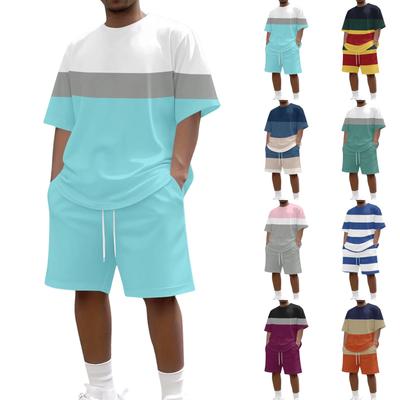 Men's Casual Short Sleeve Crew Neck T-Shirt and Shorts Set Striped Pattern Lightweight Breathable Summer Outfit for Daily Wear