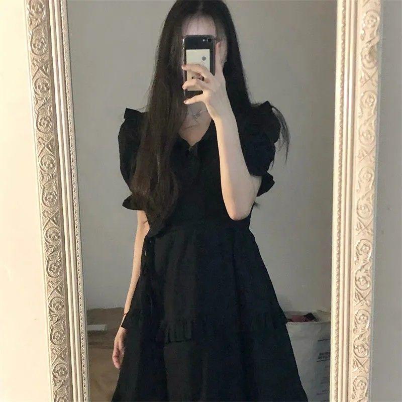 Koreanische Version des Retro-Kleides in reiner Farbe mit Holzohren, Puppenkragen, Taillenumrandung, Kleid für Studentinnen, Sommer-A-Linien-Rock