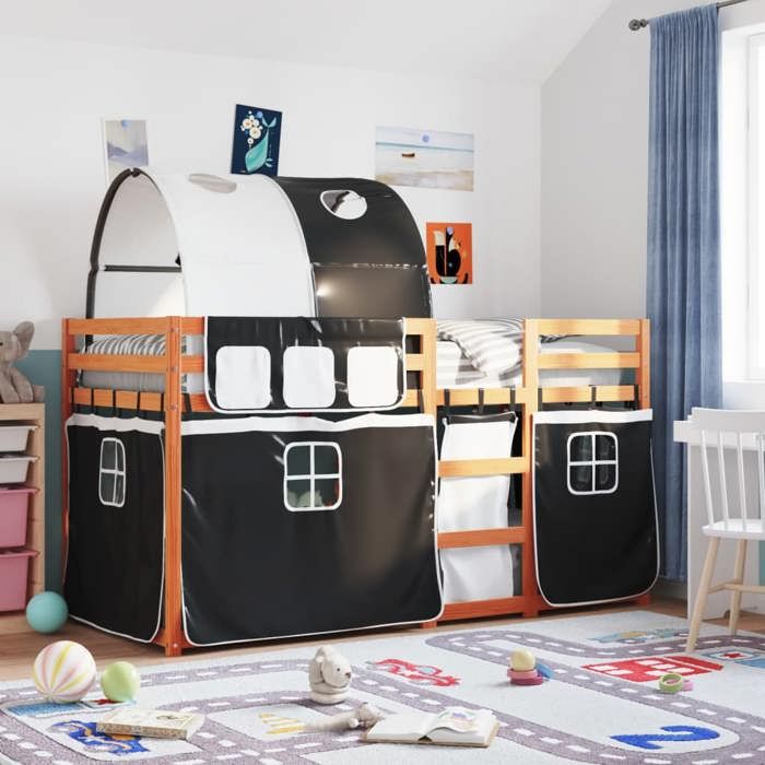 VidaXL Bunk Bed with Curtains White/black 90x190 Cm Solid Pine Wood, Bed, Bed Frame, Low Bunk Bed, Furniture of 3284039