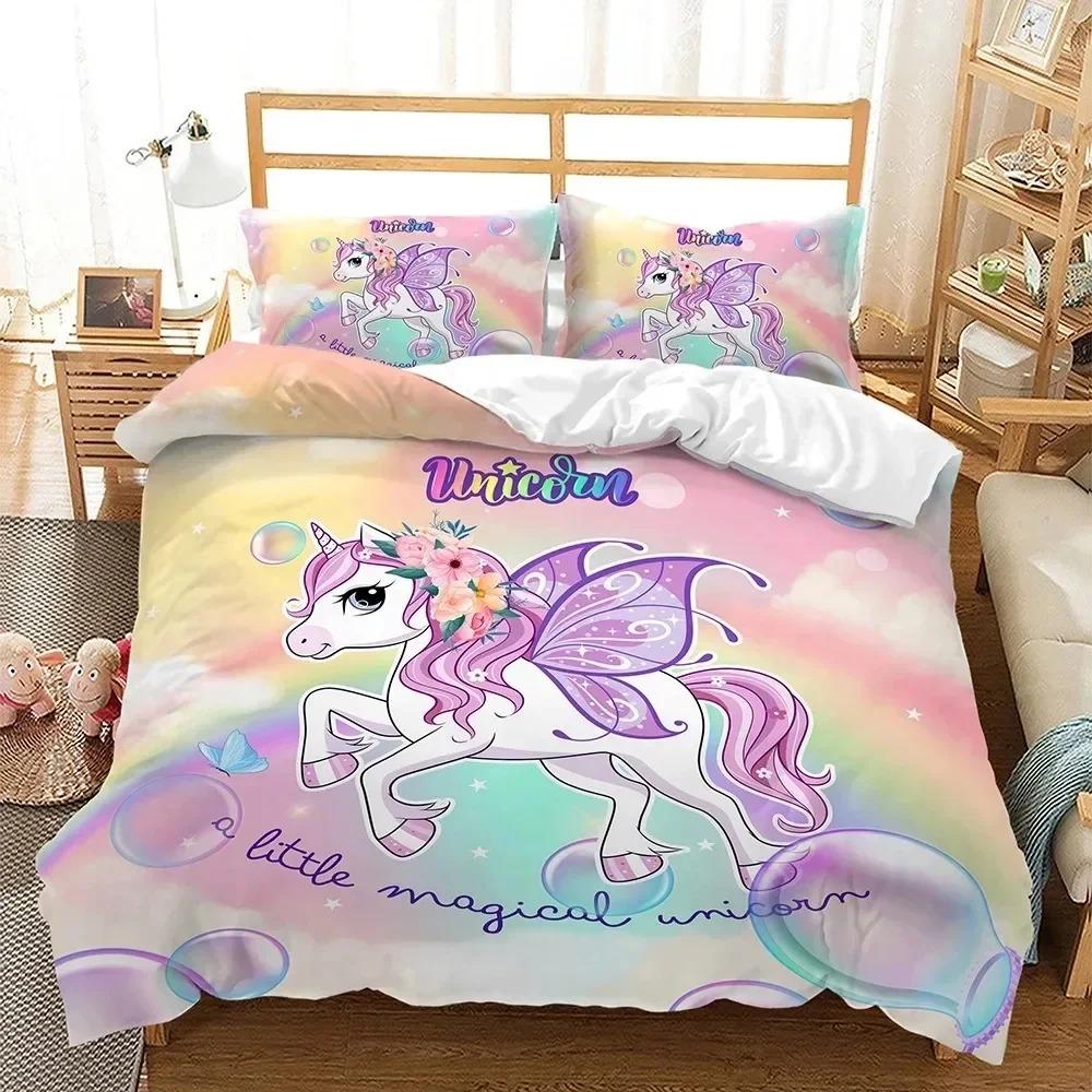 Rainbow Unicorn Bedding Set Colourful Flowers Duvet Cover Comforter Linen Pillowcases For Girls Gift Single Double King Queen