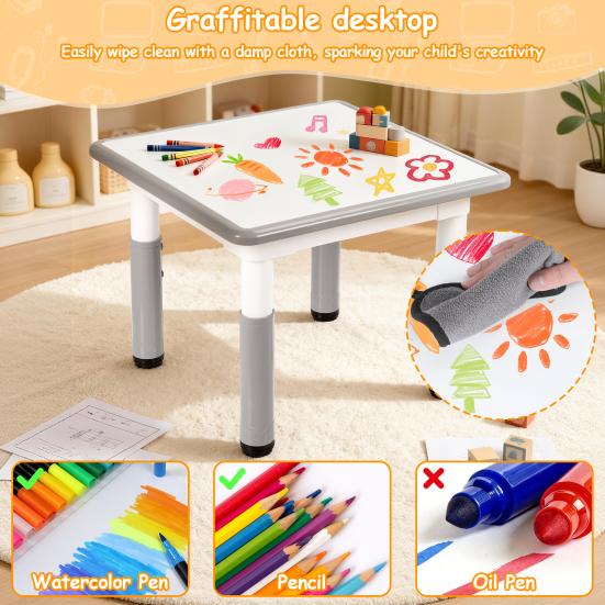 Students Desk Adjustable Kids Art Table with Graffitiable Desktop 7 Height Settings Anti-Slip Feet Children Furniture Rounded-Edge for Ages