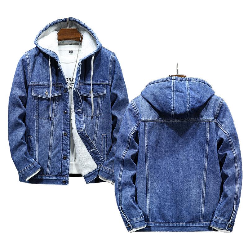 Men's Thick Warm Hooded Denim Jacket with Imitation Lambskin