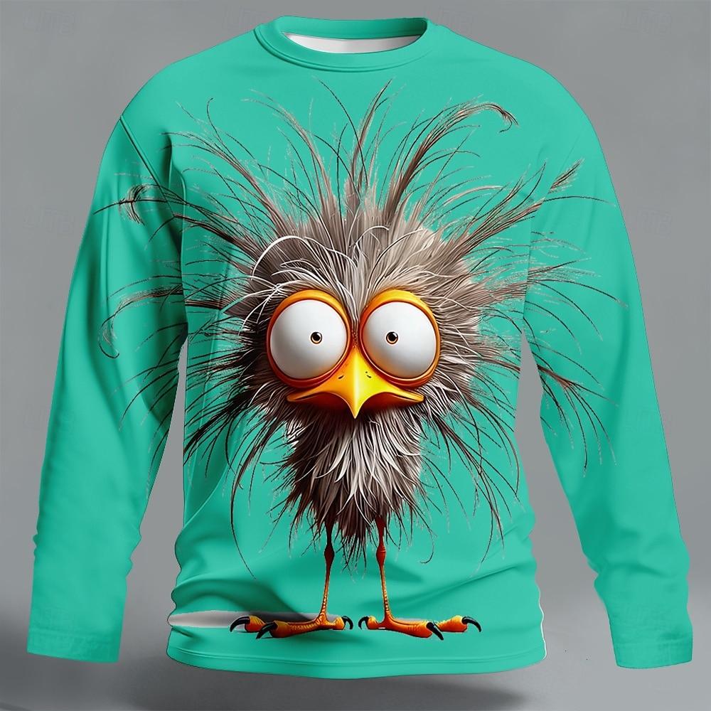 Men's 3D Chick Messy Hair Cat T Shirt Long Sleeve T Shirt 3D Print Crew Neck Shirt Fashion Basic Street Casual Daily Clothing