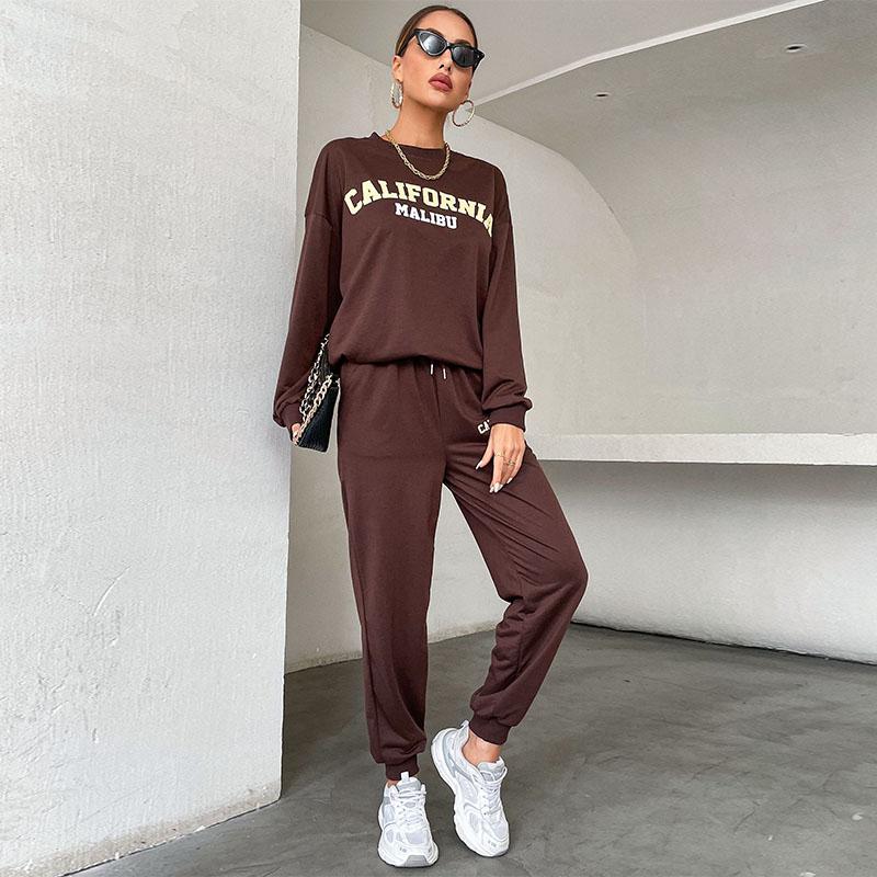 YYFS Women's Fashion Letter Print Long Sleeve O-Neck Trousers Sport Suits