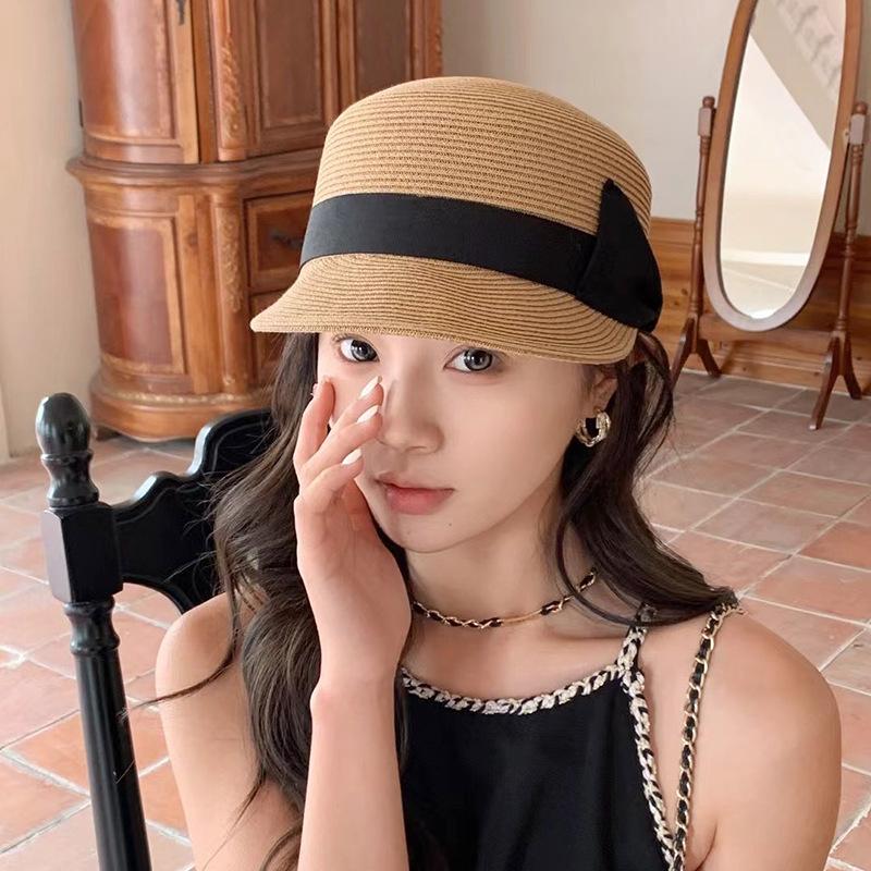 

Elegant Straw Hat Women Summer Beach Ladies Casual long ducK Bowknot Hat Breathable Fashion Sun Hats For female equestrian hat 54-59CM бежевий