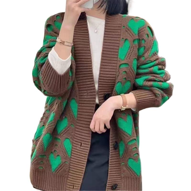 Spring and Autumn Plus Size Knitted Cardigan Sweater Casual Heart V-Neck Sweater Cardigan Jacket Thickened Knit Jacket