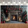 Christmas Red Green Themed Photography Backdrop Wreath Fireplace Gifts Milu Deer Adult Children Family Party Photo Background10