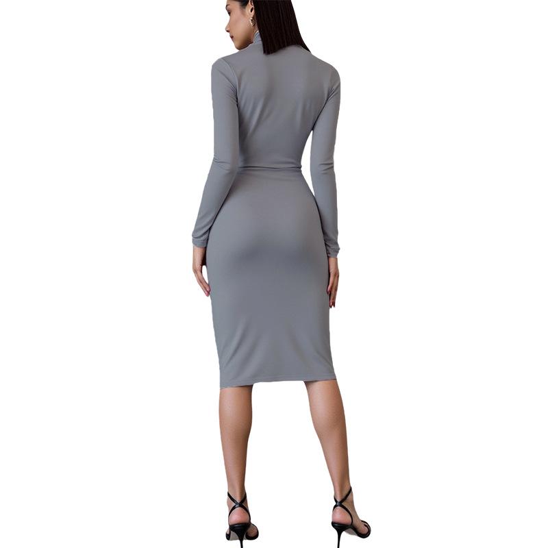 Elegant European Grey Long Sleeve High Neck Slim Fit Dress XXS