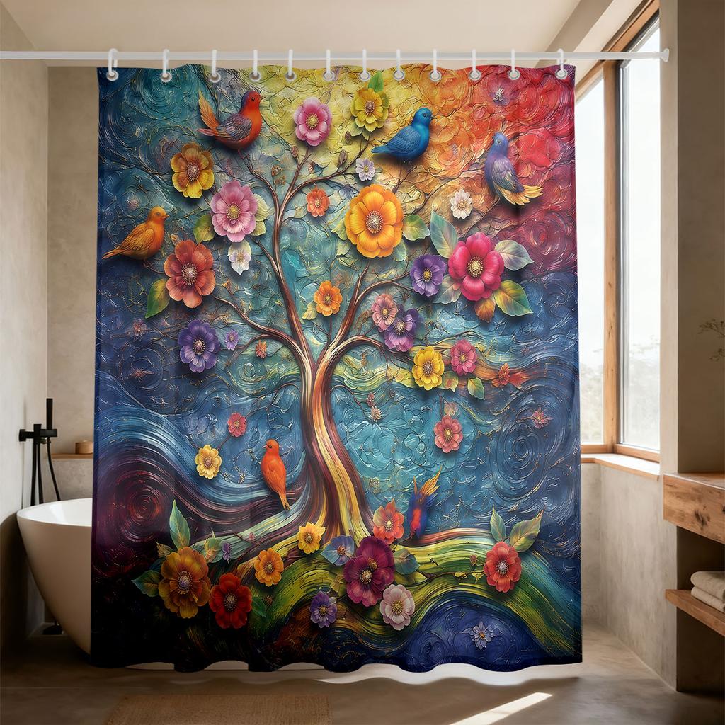 Cortina de Ducha Árbol de la Vida Estampado Floral de Pájaros Coloridos Tejido Impermeable Decoración de Baño Boho con Ganchos