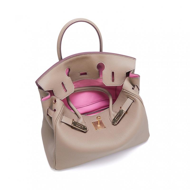 Kontrastfarbe Goldene Schnalle Pulverfarbene passende Innentasche Echte Ledertasche Klassisch Modisch Damen Rindsleder Schultertasche