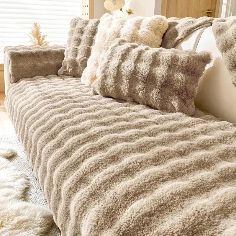 Super Soft Rabbit Plush Sofa Mat Anti-slip Thicken Couch Cushion for Living Room Winter Warm L Shaped Universal Sofa Slipcovers
