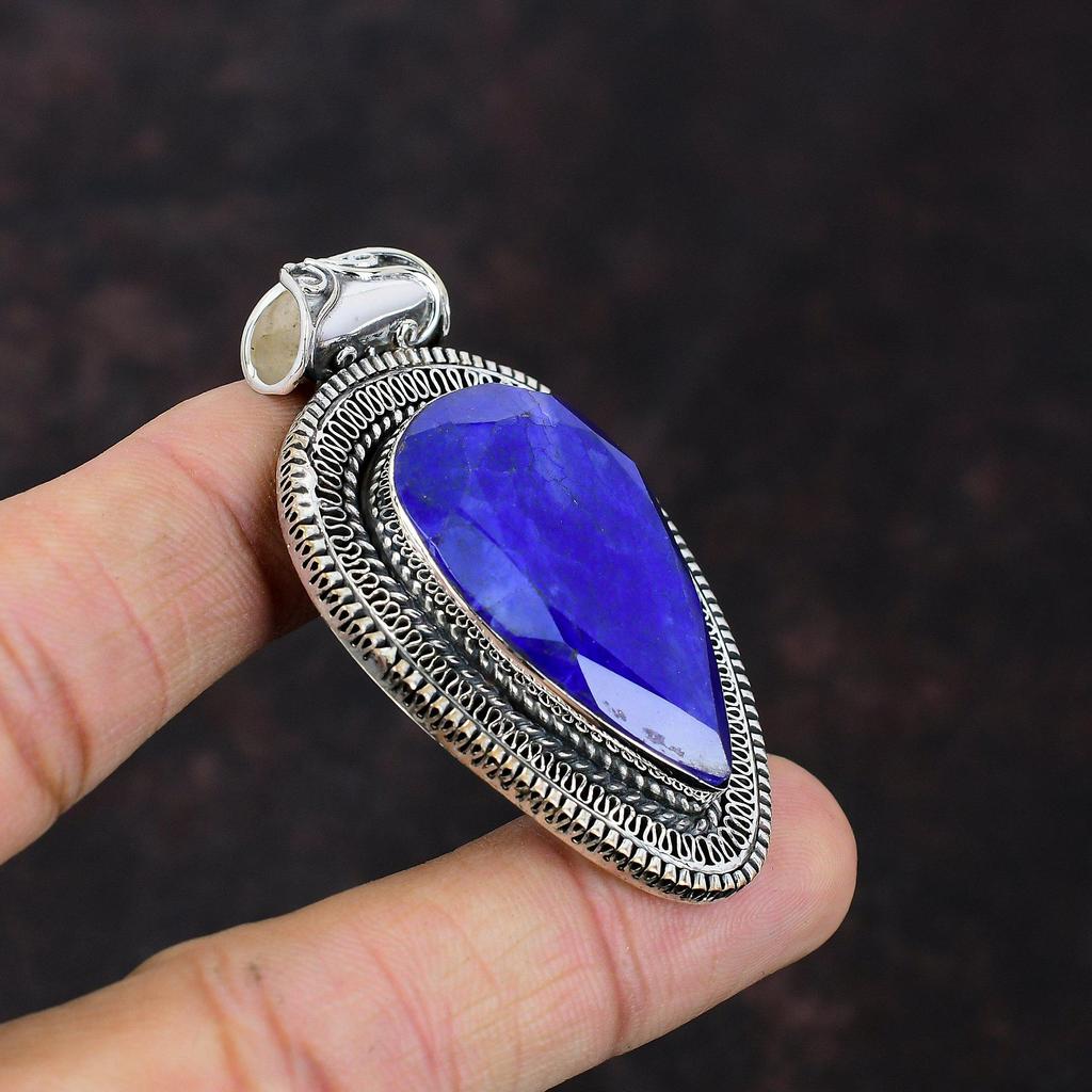 Faceted Blue Sapphire Pendant Handmade Gemstone Pendant 925 Sterling Silver Pendant Blue Sapphire Jewelry Vintage Pendant Anniversary Gifts