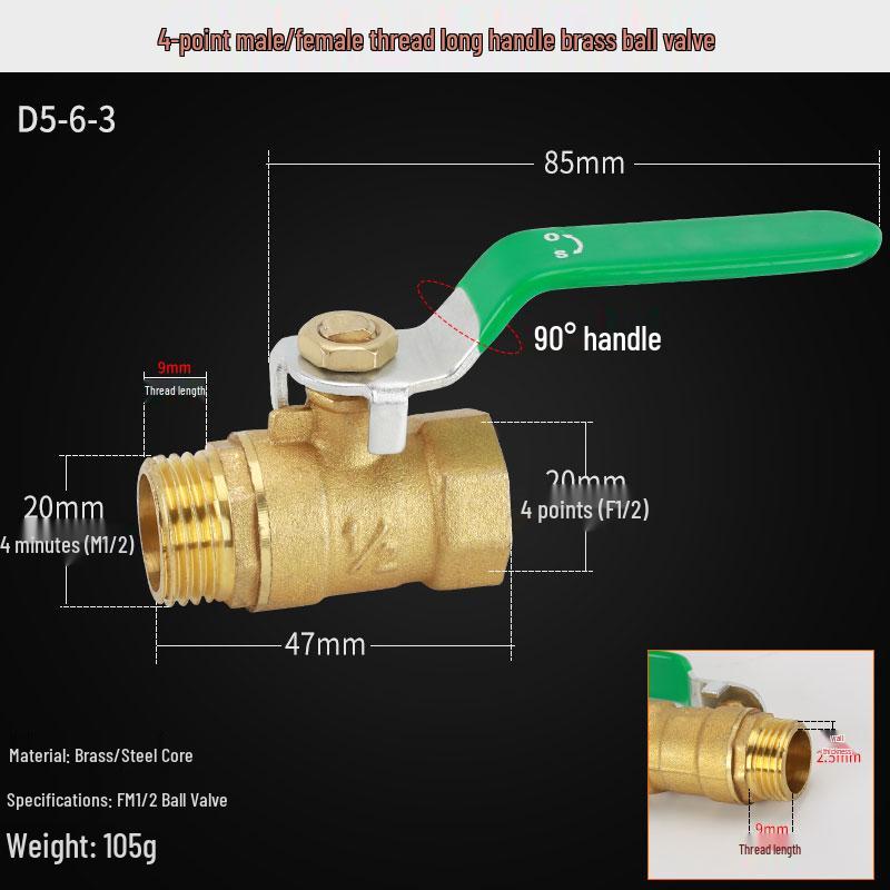 Copper Ball Valve, Female to Male, Multiple Thread Sizes, Quick Open Long Handle for Tap Water Pipe.