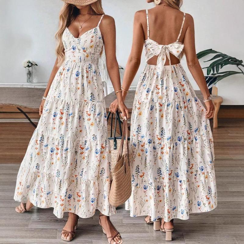 Summer New Bohemian Back Bow Holiday Style Print Dress Suspender Dress